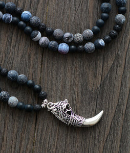 Natural Onyx, Lava Stones & Jasper Beaded Necklace with Dragon Tusk Pendant