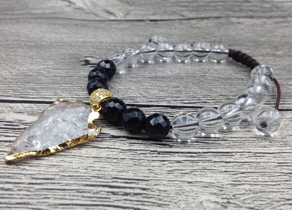 Natural Clear Quartz, Black Obsidian & Gilded Arrowhead Beaded Bracelet