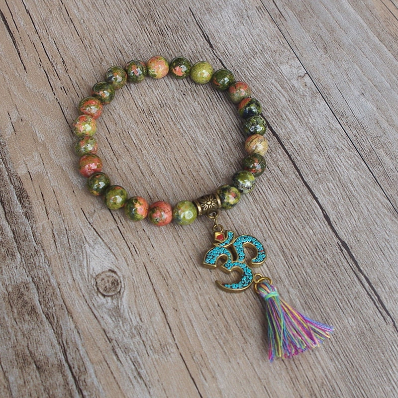 Natural Unakite Jasper OM Tibetan Bracelet