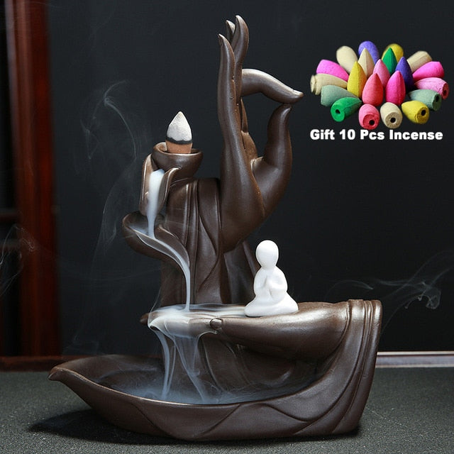 White Buddha Hand & Lotus Backflow Incense Burner