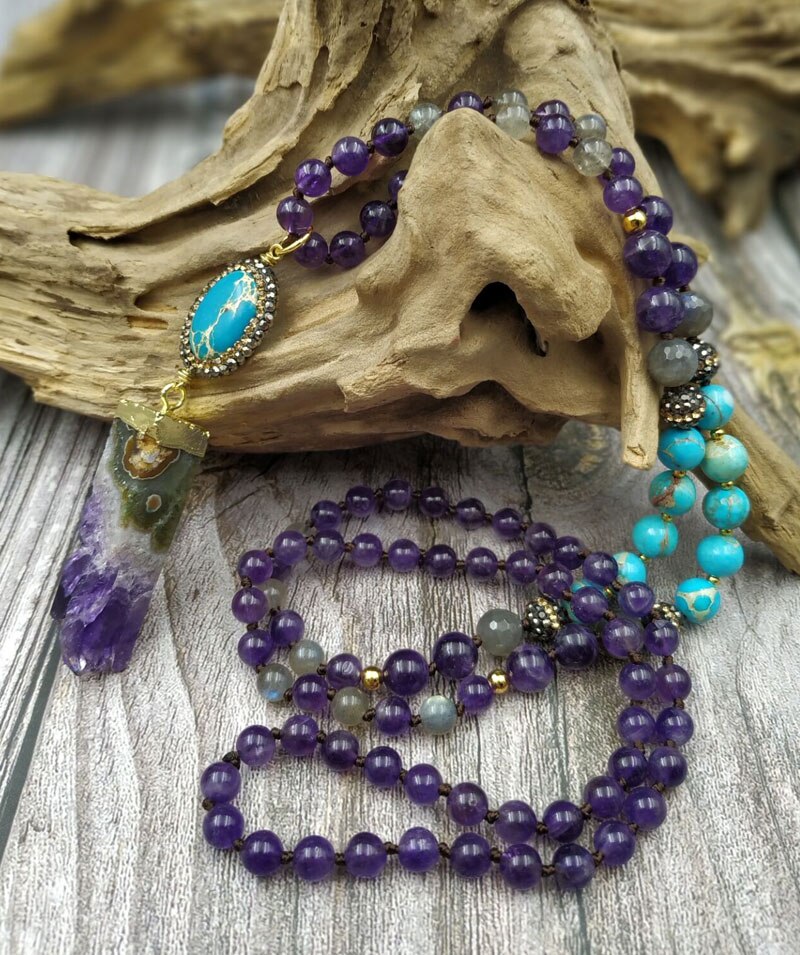 Natural Labradorite, Jasper & Amethyst 108 Mala Beads Druzy Necklace