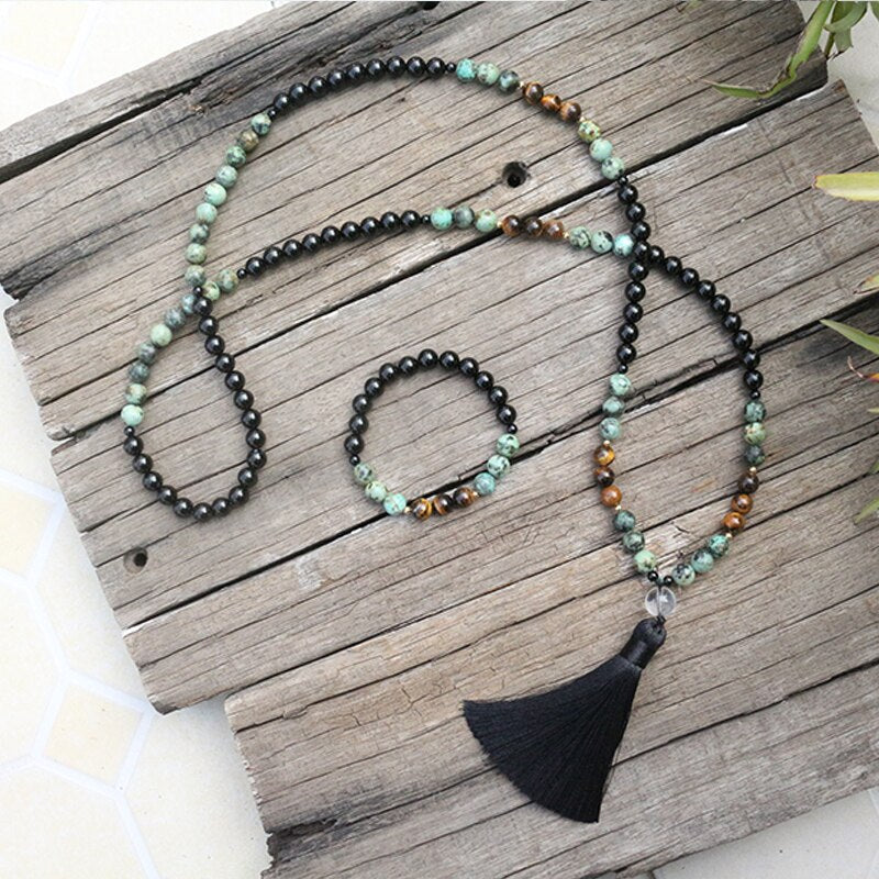 Natural Black Onyx, African Turquoise & Tiger Eye 108 Mala Beads Necklace / Bracelet