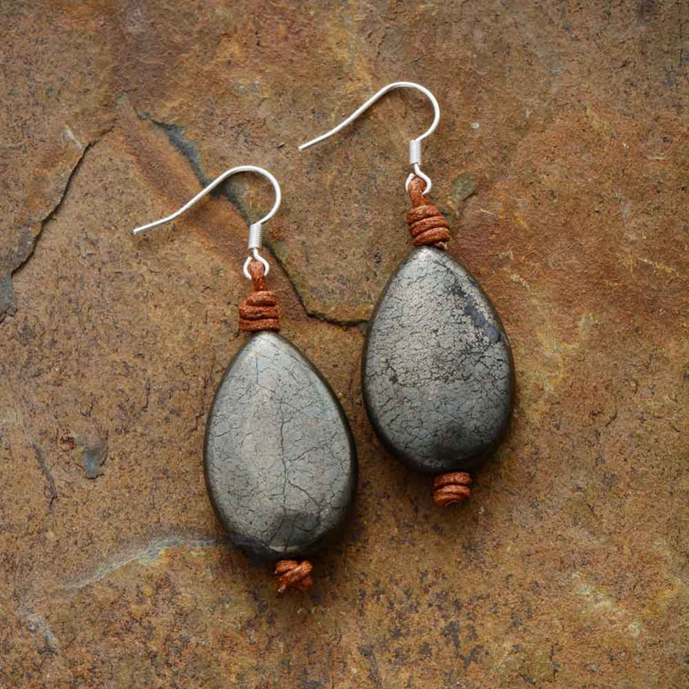 Natural Pyrite Leather Earring