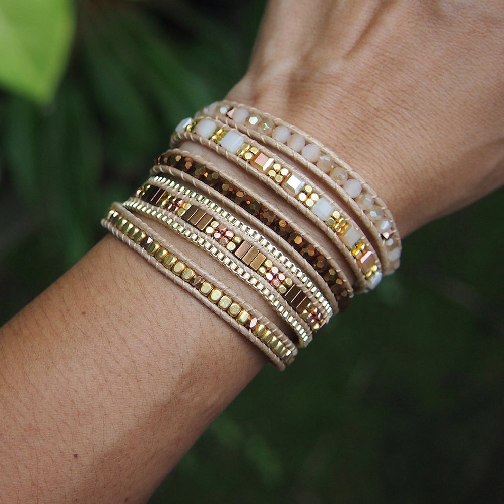 Bronze Crystal and Brass Beaded Leather Wrap Bracelet