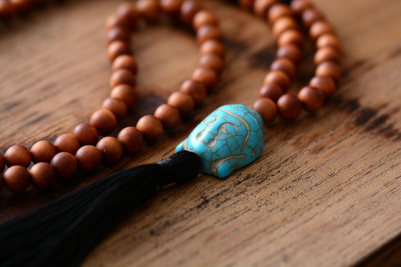 108 Natural Wood and Black Onyx Buddha Mala Bead Necklace