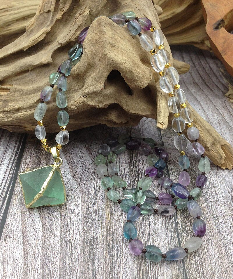 Natural Fluorite Mala Necklace & Octahedron Pendant