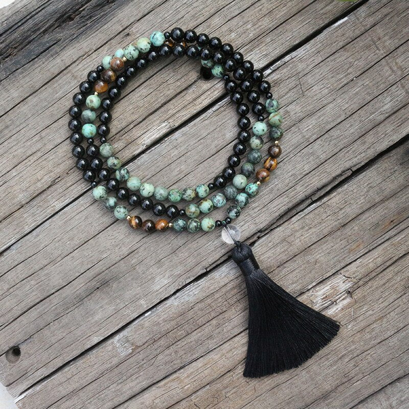 Natural Black Onyx, African Turquoise & Tiger Eye 108 Mala Beads Necklace / Bracelet