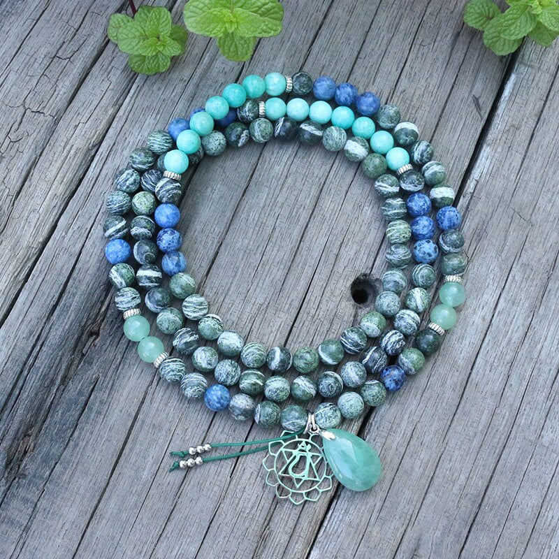 Natural Amazonite, Aventurine & Jasper Heart Chakra 108 Mala Beads Necklace