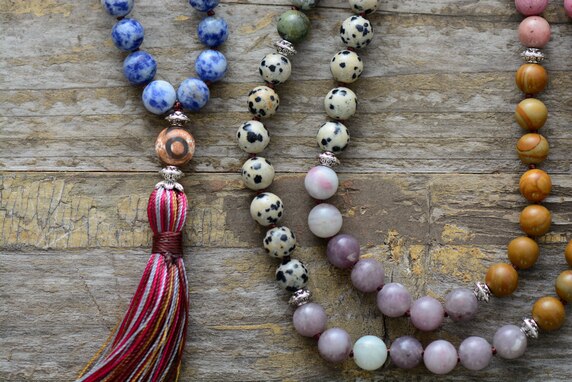 Natural Kunzite, Jasper, Sodalite, African Turquoise & Rhodonite 108 Beads Mala