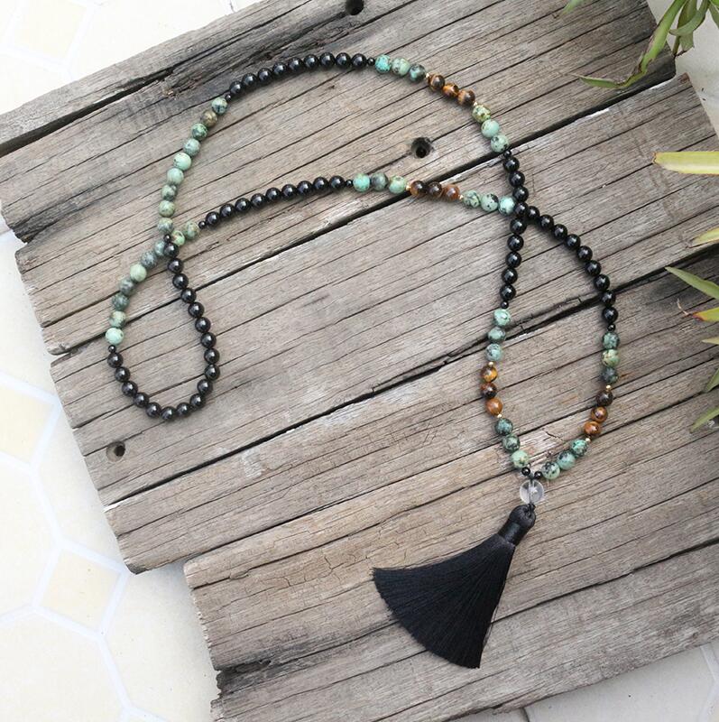 Natural Black Onyx, African Turquoise & Tiger Eye 108 Mala Beads Necklace / Bracelet