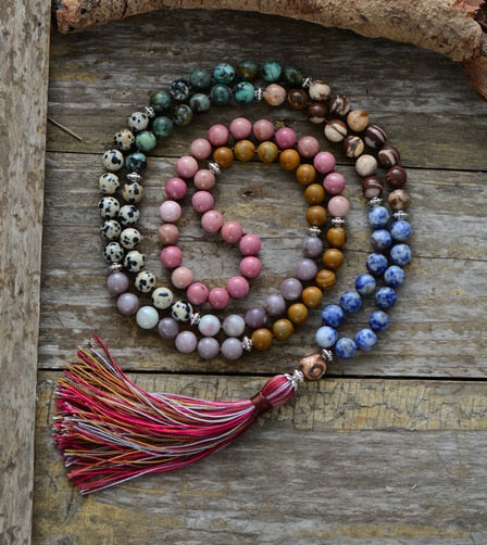 Natural Kunzite, Jasper, Sodalite, African Turquoise & Rhodonite 108 Beads Mala