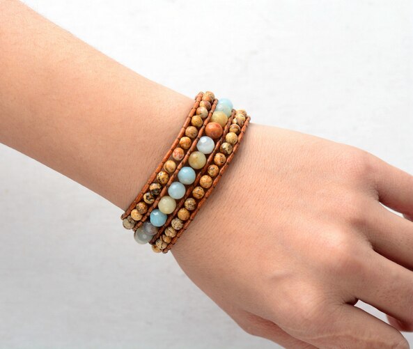 Natural Jasper & Agates Beads Cuff Leather Bracelet