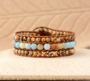 Natural Jasper & Agates Beads Cuff Leather Bracelet