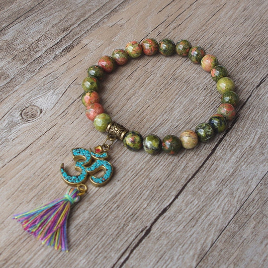 Natural Unakite Jasper OM Tibetan Bracelet