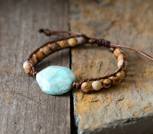 Natural Picture Japser Beads & Amazonite Woven Wrap Bracelet