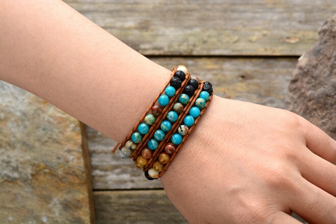 Natural Jasper & Lava Stones Leather Wrap Bracelet