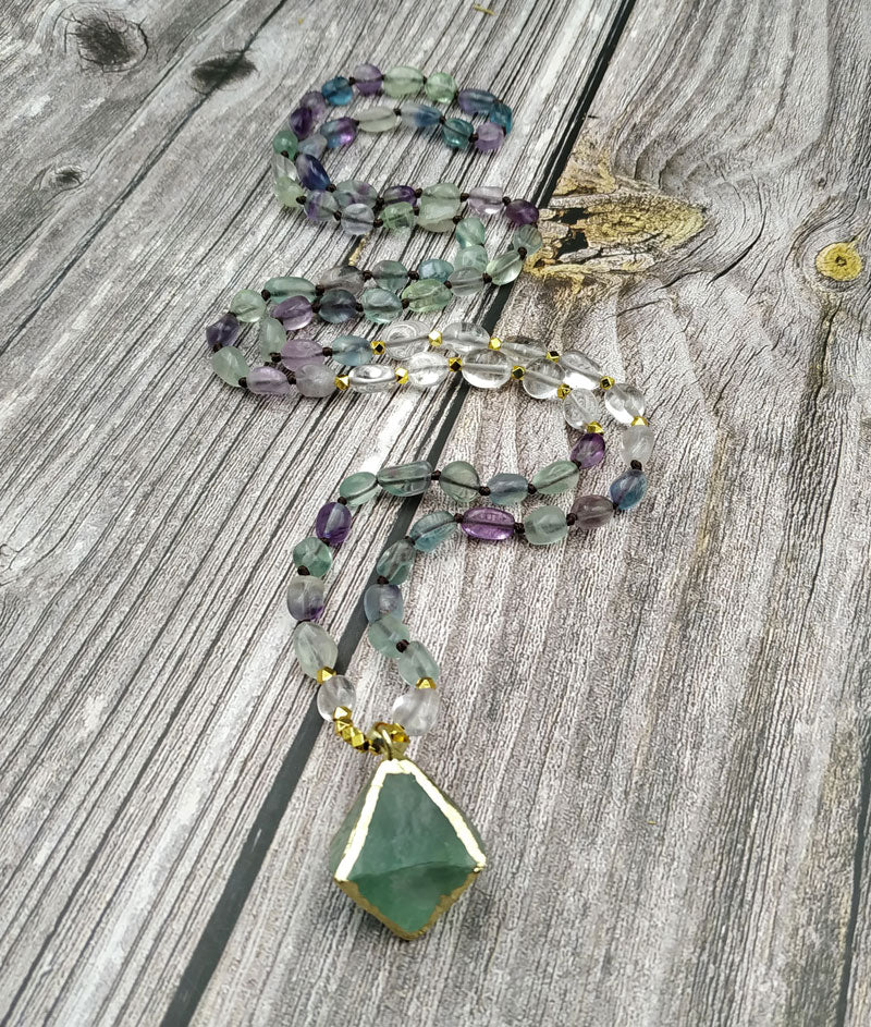 Natural Fluorite Mala Necklace & Octahedron Pendant