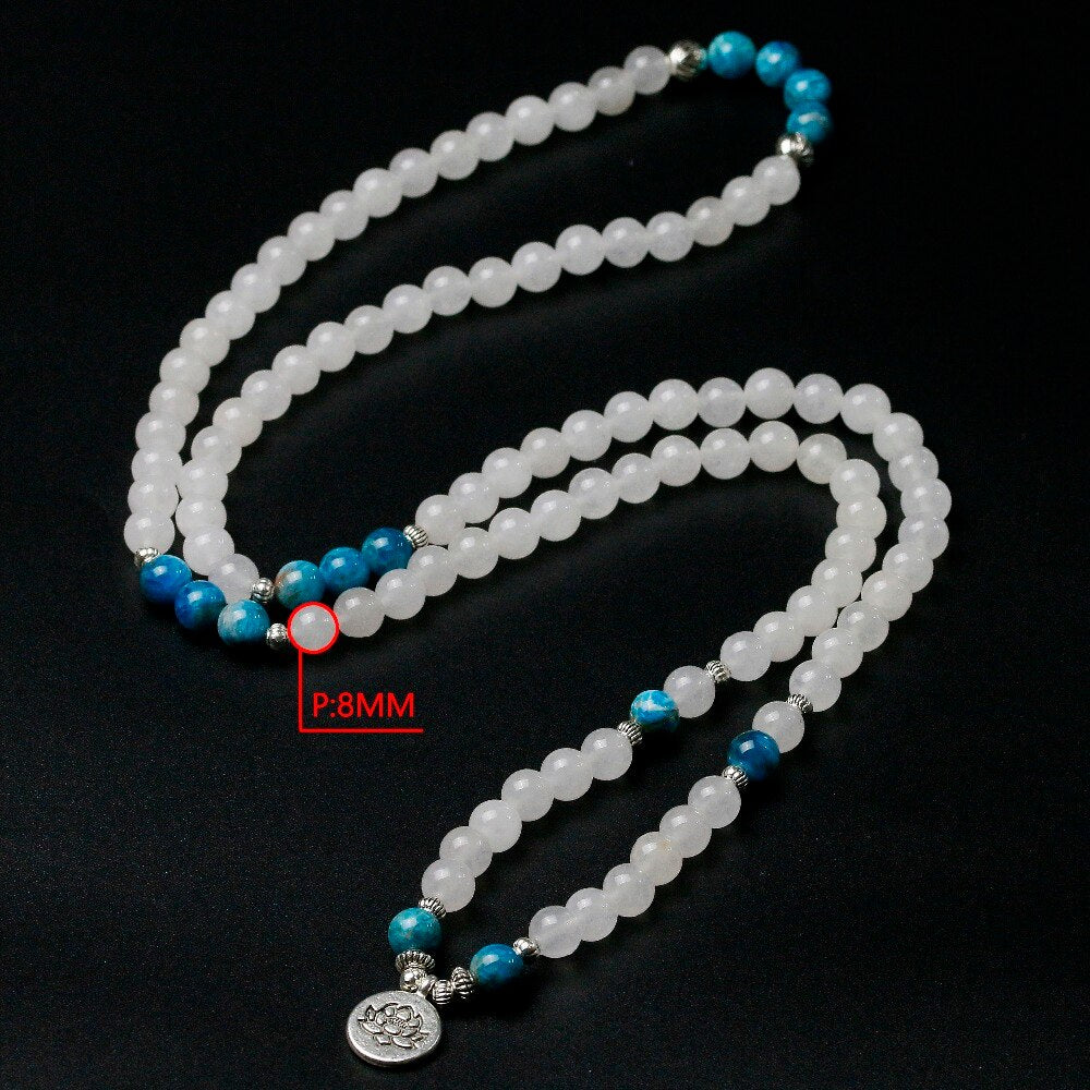 Natural White Quartz & Apatite 108 Mala Beads Necklace / Bracelet
