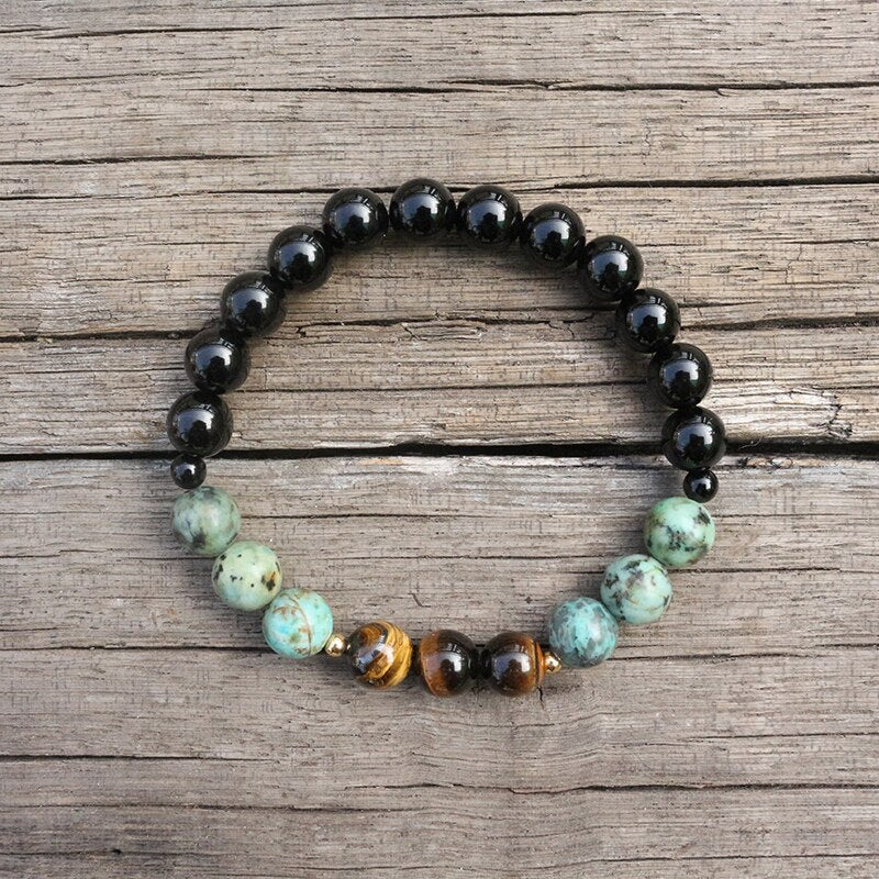 Natural Black Onyx, African Turquoise & Tiger Eye 108 Mala Beads Necklace / Bracelet