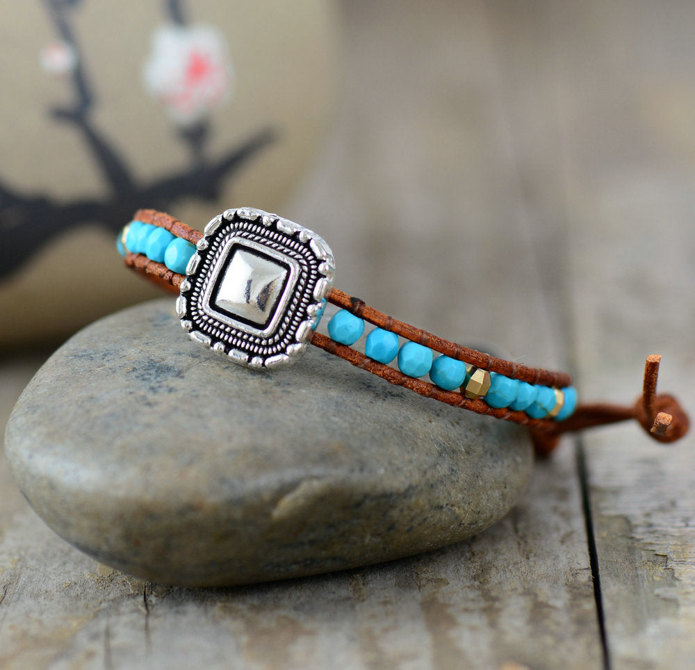 Natural Hawaiian Turquoise Leather Bracelet with Antique Charm