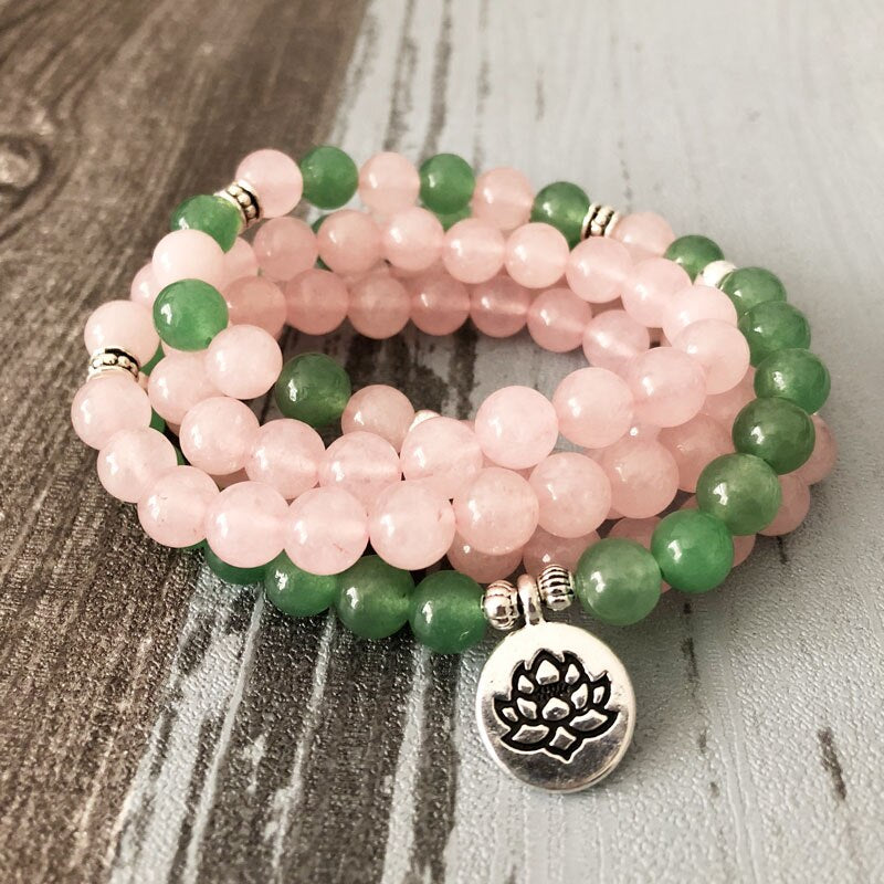 Natural Rose Quartz & Aventurine 108 Mala Beads Necklace / Bracelet