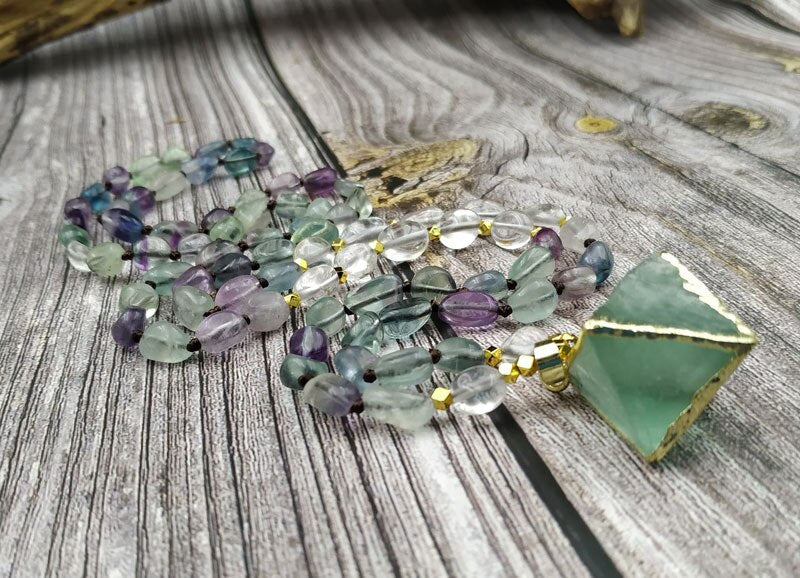 Natural Fluorite Mala Necklace & Octahedron Pendant