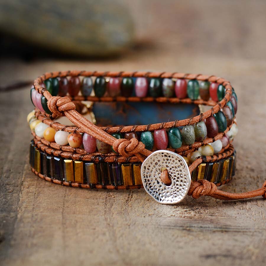 Natural Agate, Jasper & Crystals Leather Wrap Bracelet