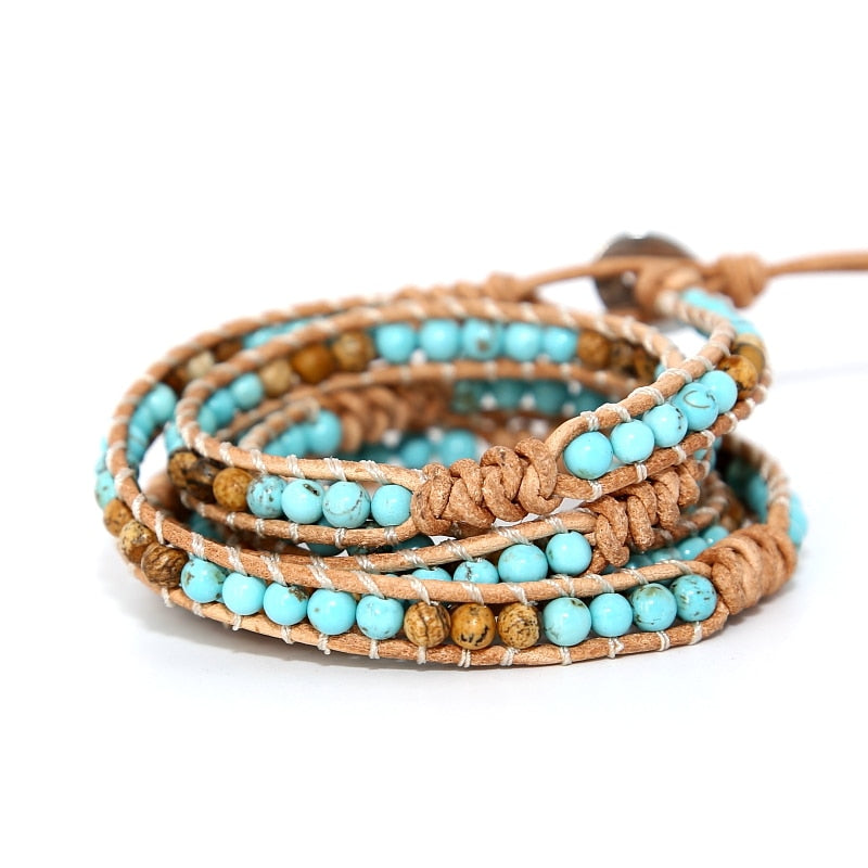 Natural Turquoise & Picture Jasper Knotted Leather Wrap Bracelet