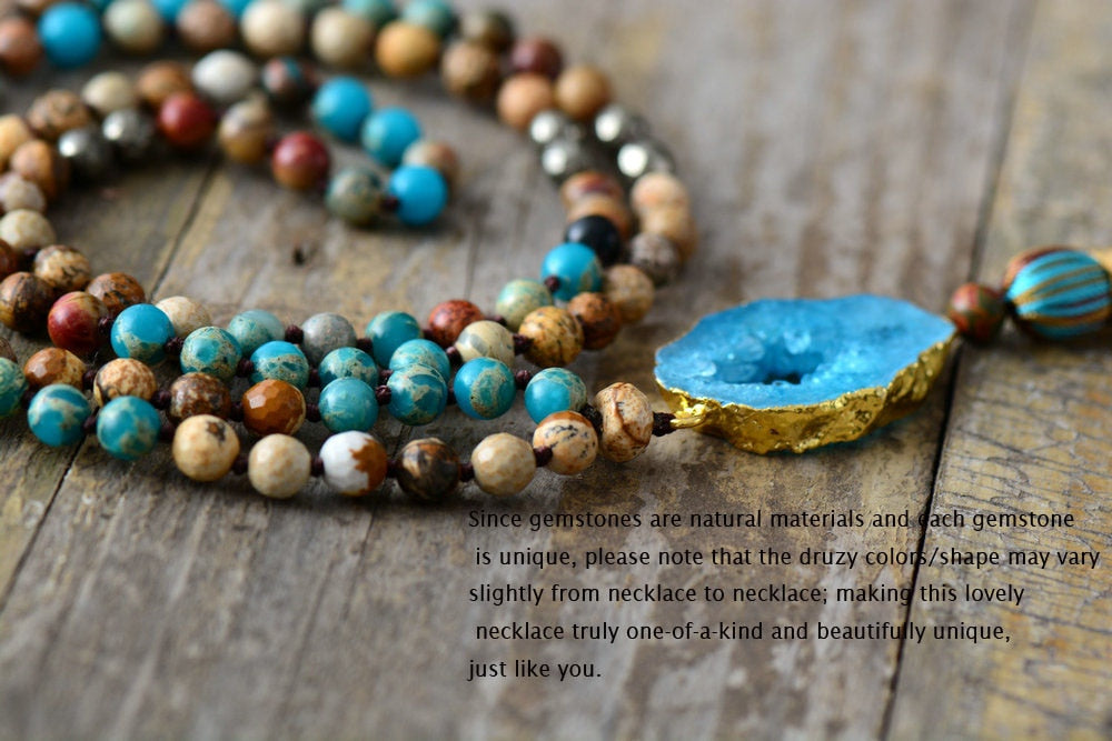 108 Natural Jasper Druzy & Pyrite Bead Mala Necklace