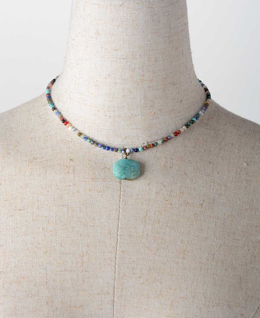 Natural Amazonite Pendant & Mixed Gemstones Choker Necklace