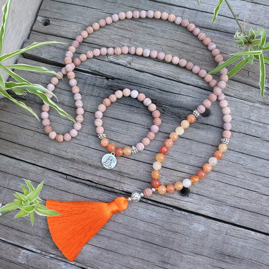 Rare Natural Sandstone, Orange Onyx & Sunstone 108 Mala Beads Necklace