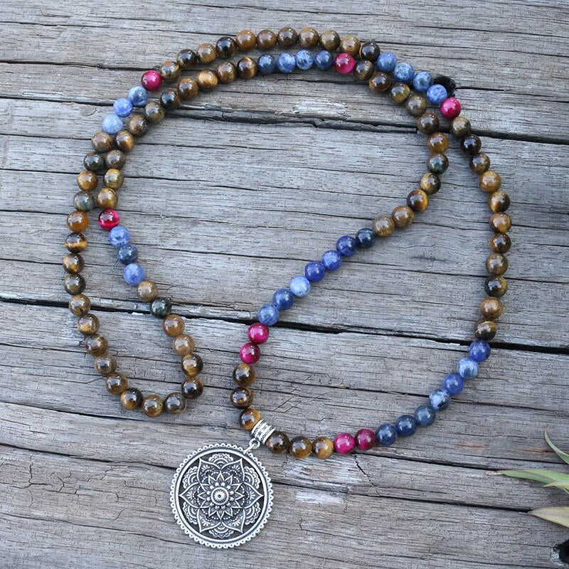 Natural Tiger's Eye & Sodalite 108 Beads Mala Necklace / Bracelet