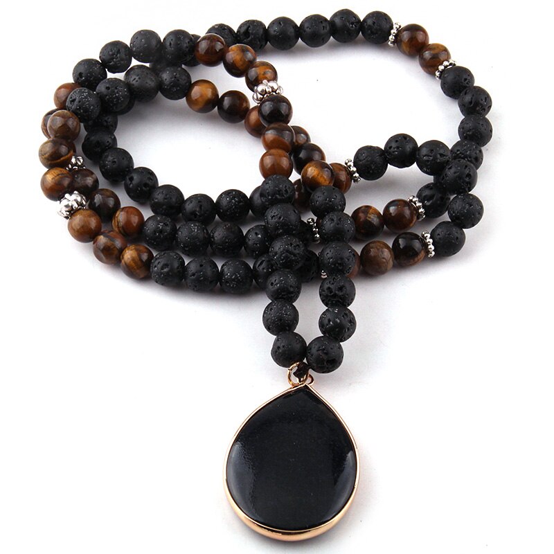 Natural Lava Stone, Tiger's Eye and Black Onyx Pendant Aromatherapy Necklace