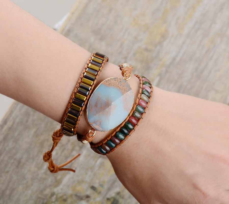 Natural Agate, Jasper & Crystals Leather Wrap Bracelet