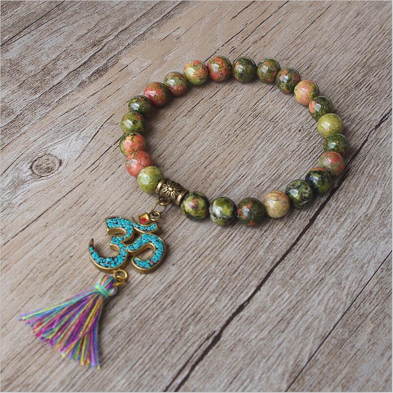 Natural Unakite Jasper OM Tibetan Bracelet