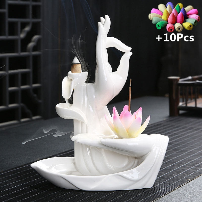 White Buddha Hand & Lotus Backflow Incense Burner