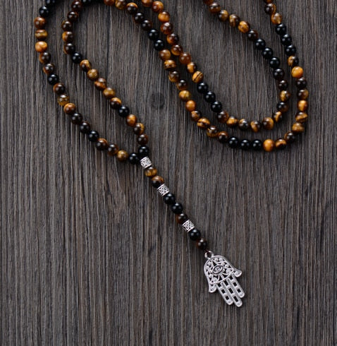 Tiger Eye & Black Onyx Beaded Necklace with Hamsa Fatima Hand Pendant