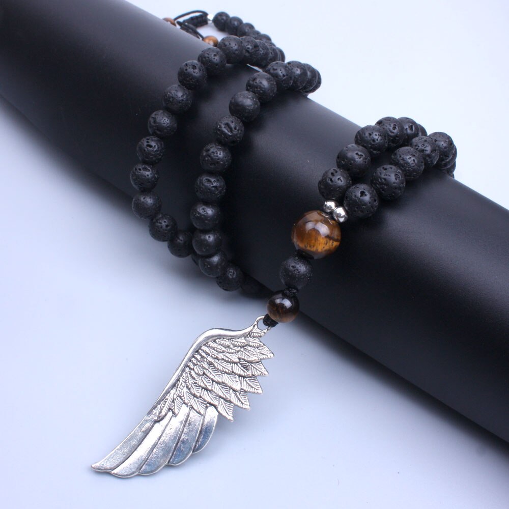 Natural Lava Stones & Tiger Eye Wing Pendant Aromatherapy Necklace