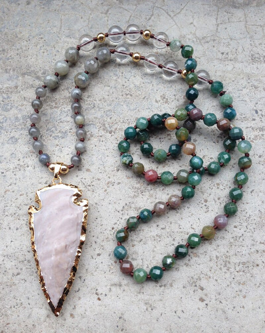 Natural Agate, Clear Quartz, Tiger's Eye, Labradorite & Jasper Arrowhead Pendant Necklace