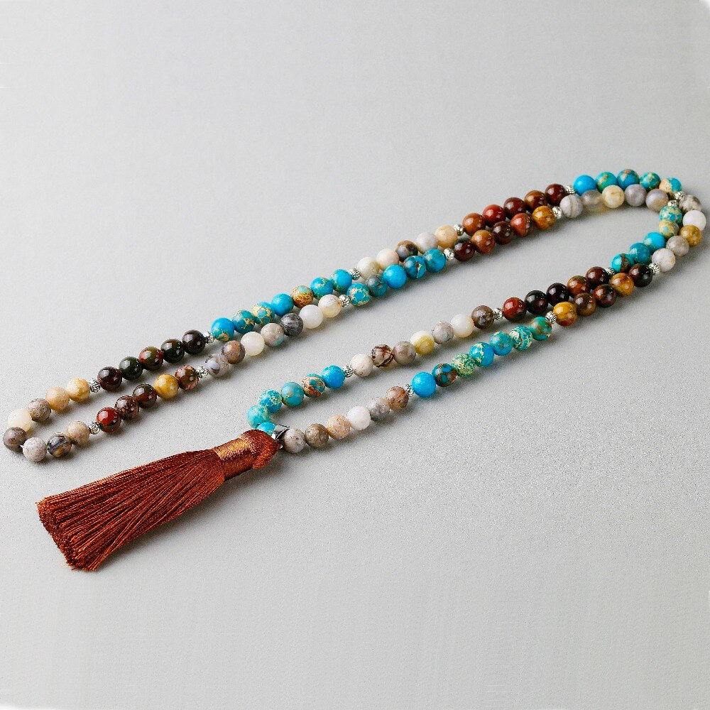 Natural Bamboo Agate, Onyx, Blue Imperial & Red Jasper 108 Beads Mala Necklace
