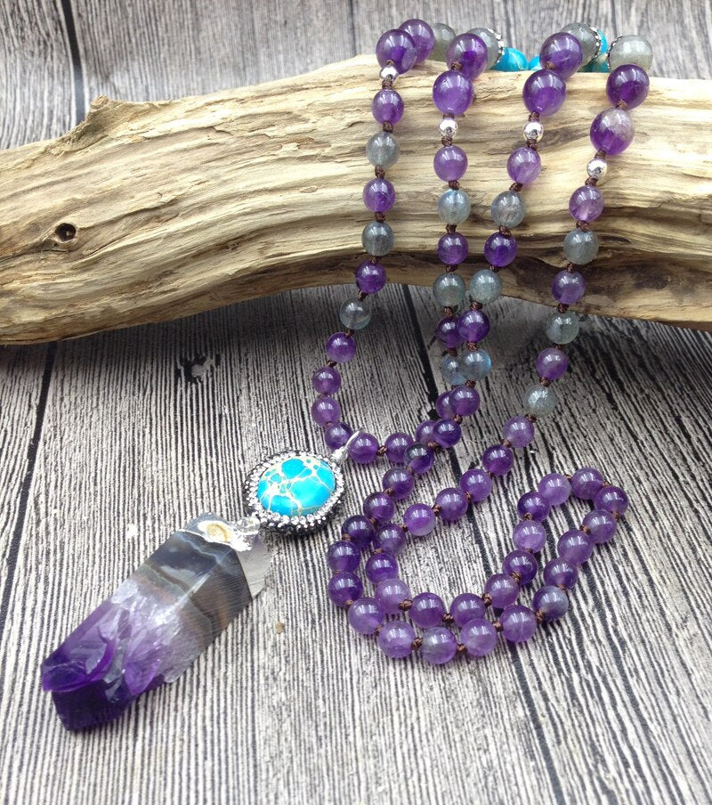 Natural Labradorite, Jasper & Amethyst 108 Mala Beads Druzy Necklace