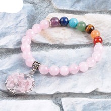 Load image into Gallery viewer, Natural 7 Chakras Rose Quartz Beaded Bracelet with Tree of Life
