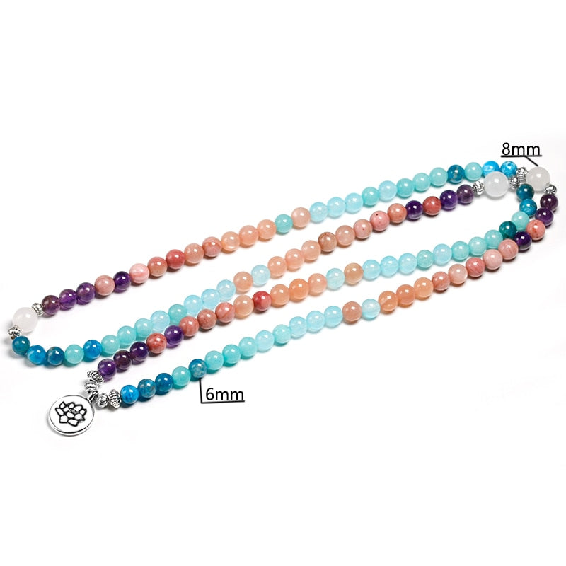 Natural Apatite, Aquamarine, Rhodochrosite & Amethyst 108 Mala Beads Necklace / Bracelet