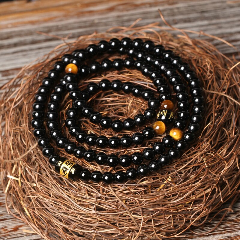 Natural Black Onyx  & Tiger Eye Tibetan 108 Mala Beads Necklace / Bracelet