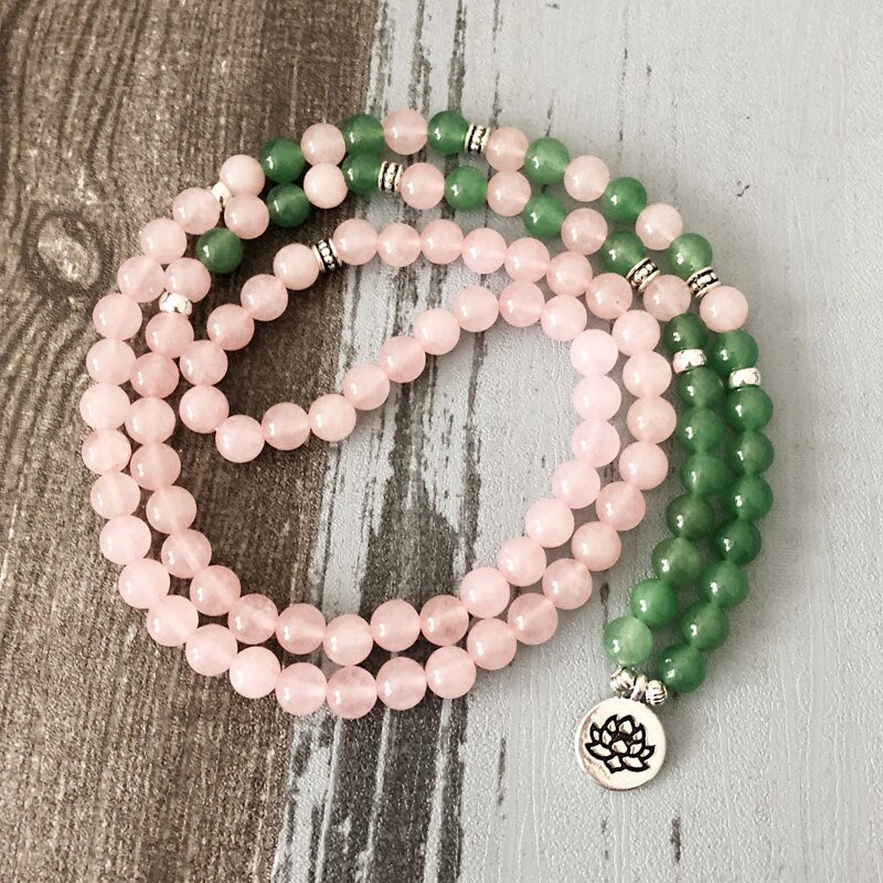 Natural Rose Quartz & Aventurine 108 Mala Beads Necklace / Bracelet