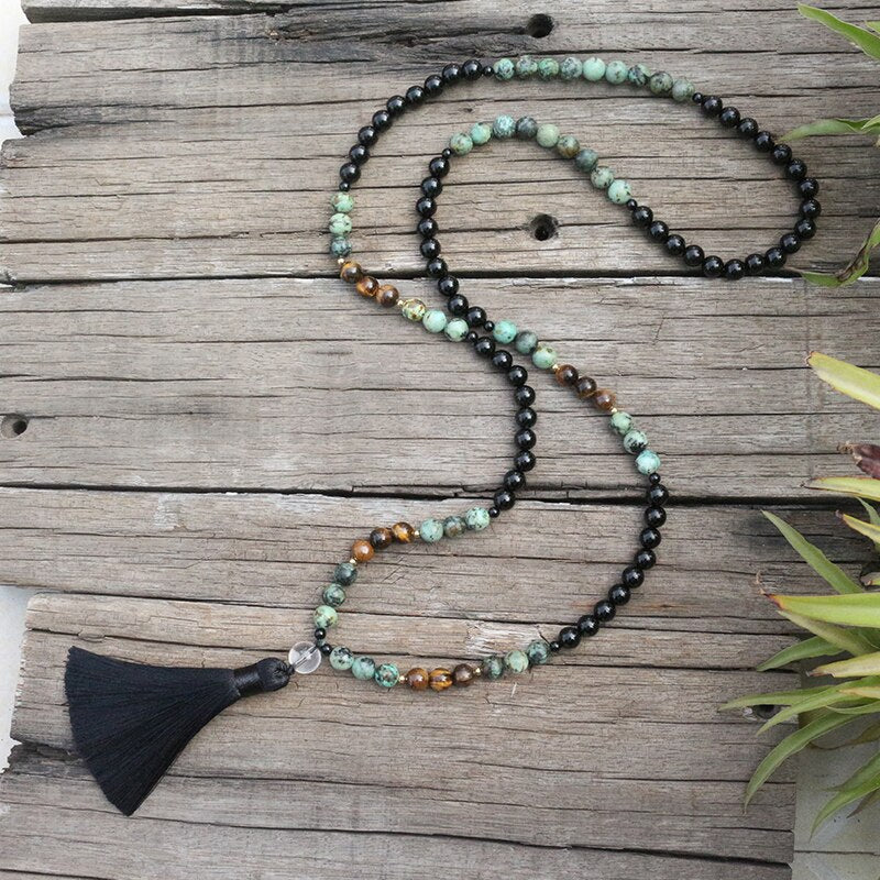 Natural Black Onyx, African Turquoise & Tiger Eye 108 Mala Beads Necklace / Bracelet