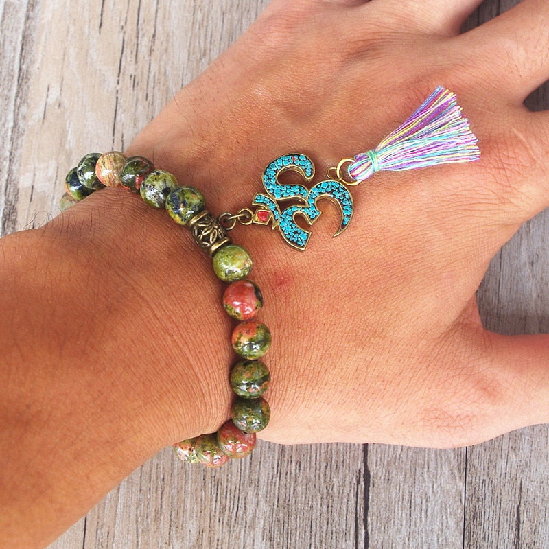 Natural Unakite Jasper OM Tibetan Bracelet