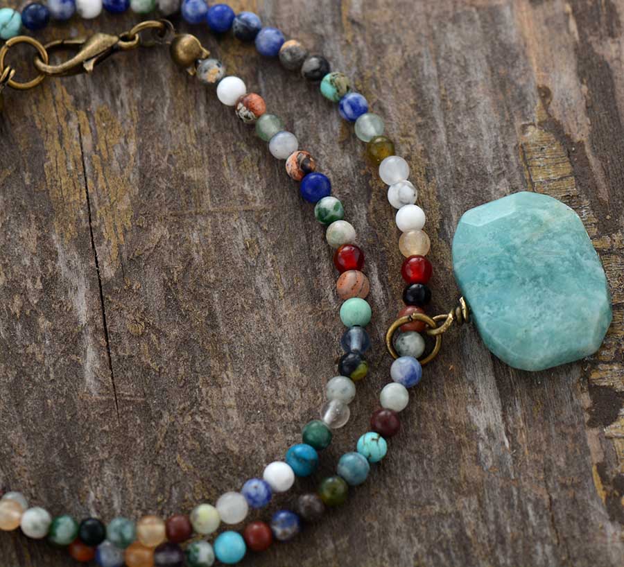 Natural Amazonite Pendant & Mixed Gemstones Choker Necklace