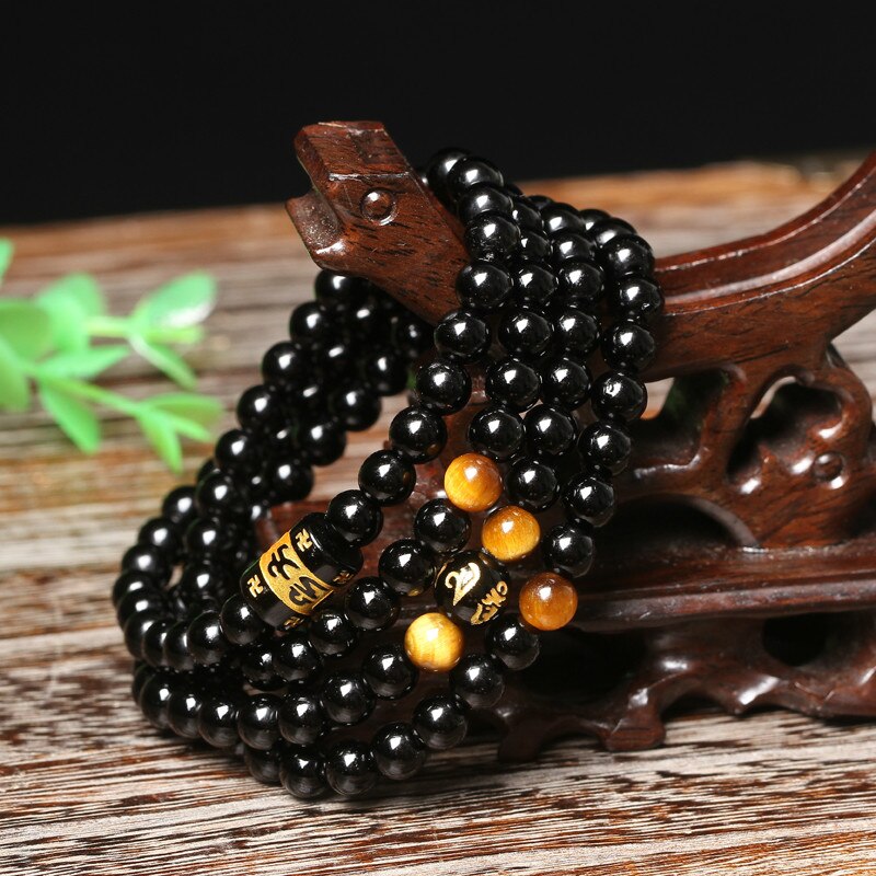 Natural Black Onyx  & Tiger Eye Tibetan 108 Mala Beads Necklace / Bracelet