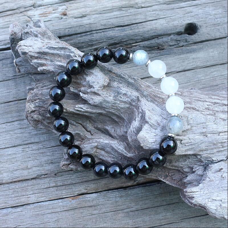 Natural Black Onyx, Labradorite & White Quartz 108 Mala Beads Necklace